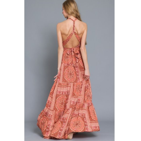 Aakaa Brick Twist Tie Back Tiered Bohemian Maxi Dress DA28082Y - Picture 8 of 12